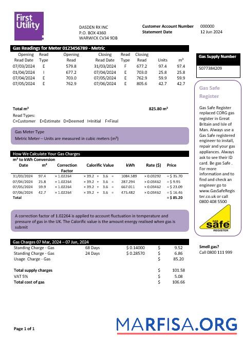 Printable United Kingdom Warwick First business utility bill template in Word and PDF formats